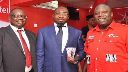 (L-r): Femi Oshinlaja, Airtel’s regional operations director, Mohammed Mutiu Anthony, MD/CEO,  Easy & Quiet Limited, with Olawale Alao, zonal business manager, Lagos, at the launch of the Airtel Express Shop at Festac, Lagos during the week.